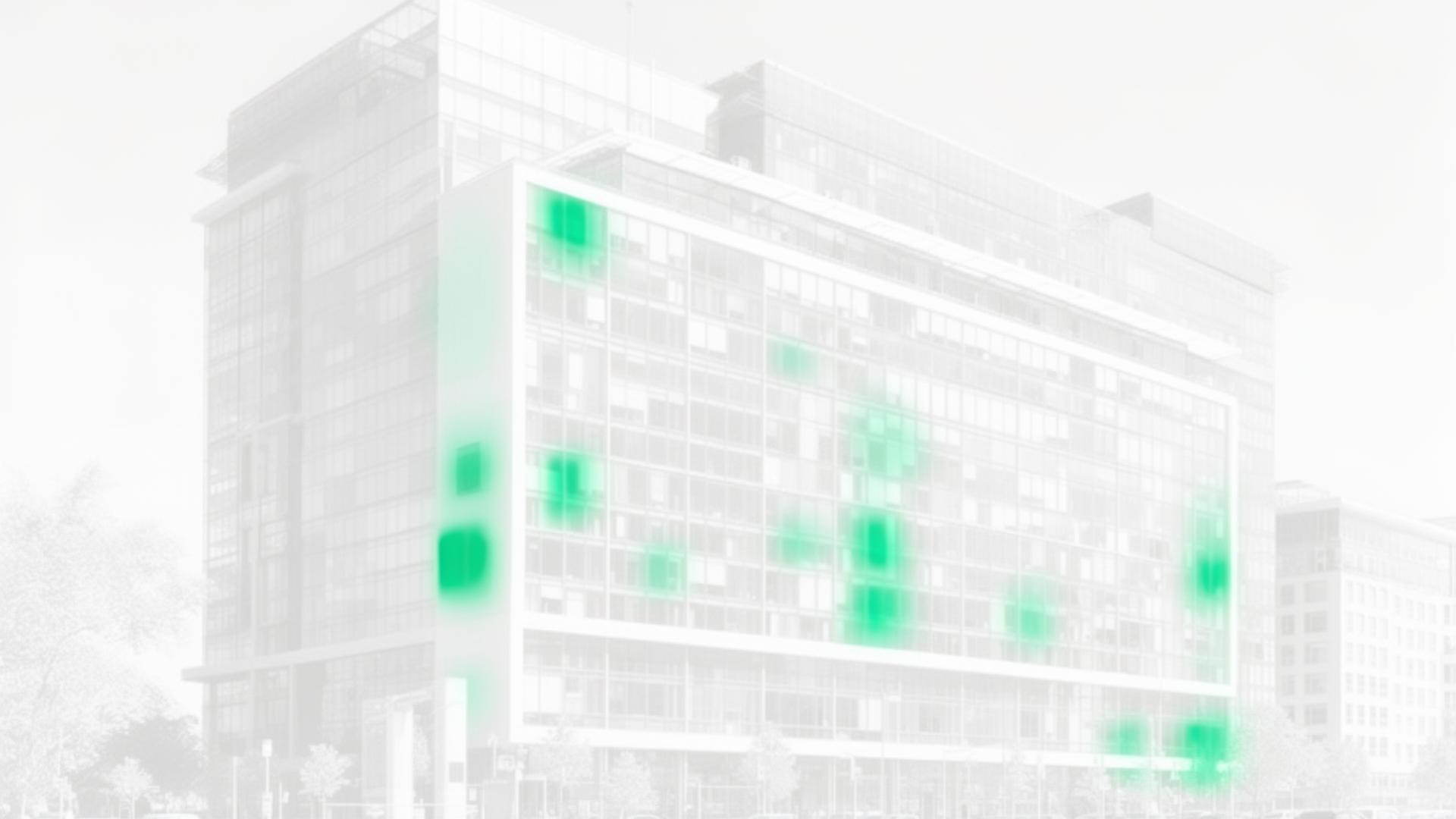 Commercial building scan with thermal-loss and HVAC overlays