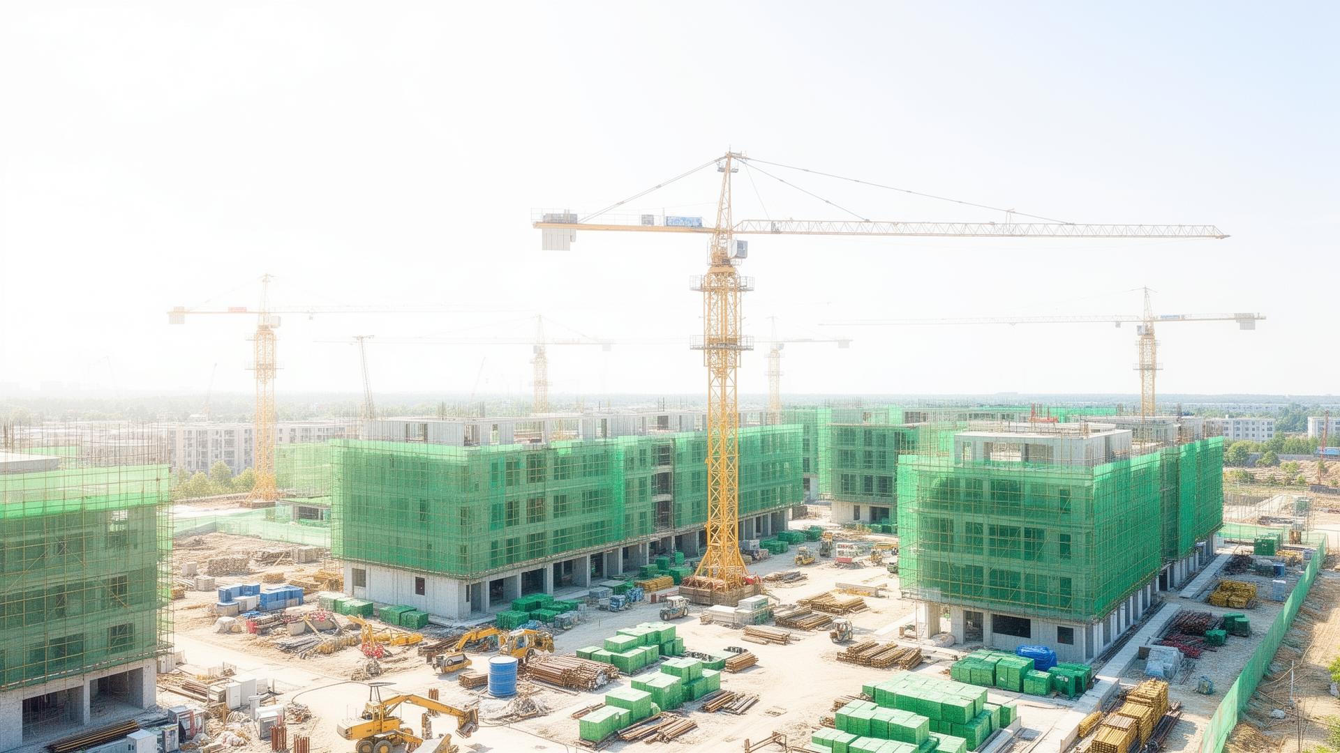 Aerial construction site with embodied-carbon overlay